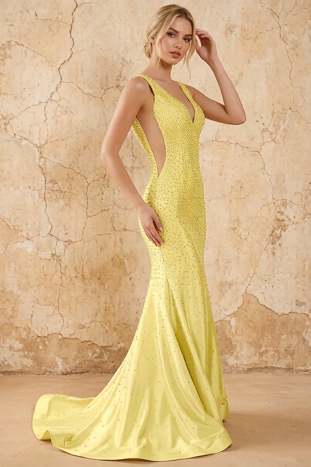 Linda Yellow Satin V-neck Mermaid Hot Rhinestones Maxi Dress