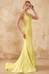 Linda Yellow Satin V-neck Mermaid Hot Rhinestones Maxi Dress