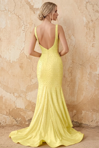 Linda Yellow Satin V-neck Mermaid Hot Rhinestones Maxi Dress