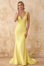 Linda Yellow Satin V-neck Mermaid Hot Rhinestones Maxi Dress