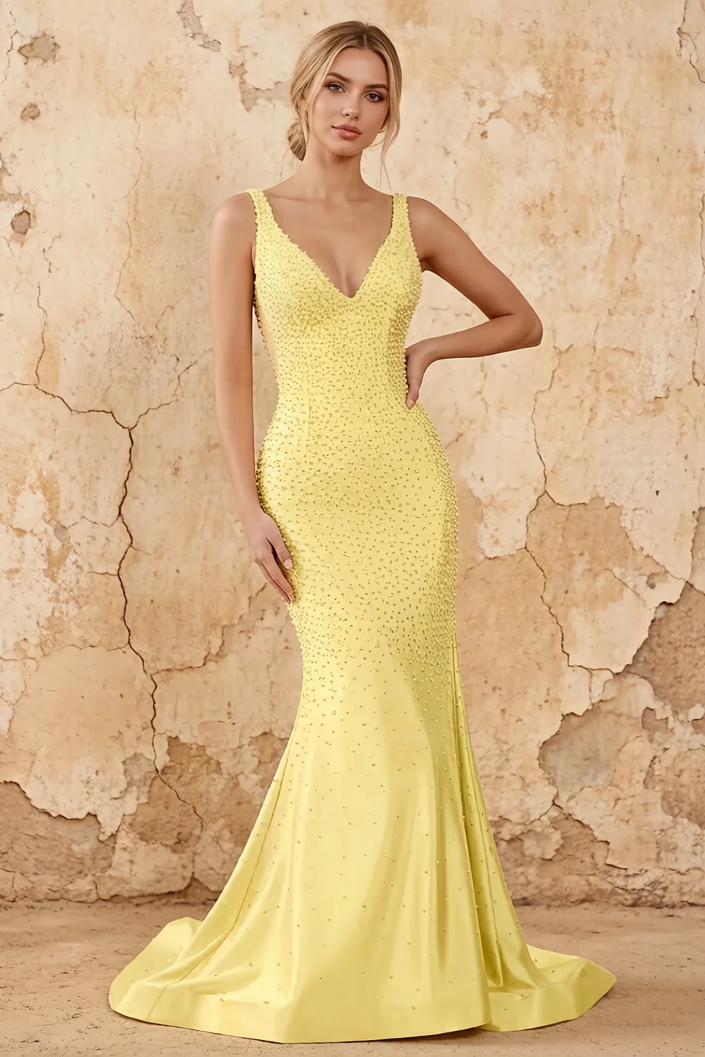 Linda Yellow Satin V-neck Mermaid Hot Rhinestones Maxi Dress