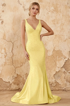 Linda Yellow Satin V-neck Mermaid Hot Rhinestones Maxi Dress