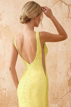 Linda Yellow Satin V-neck Mermaid Hot Rhinestones Maxi Dress