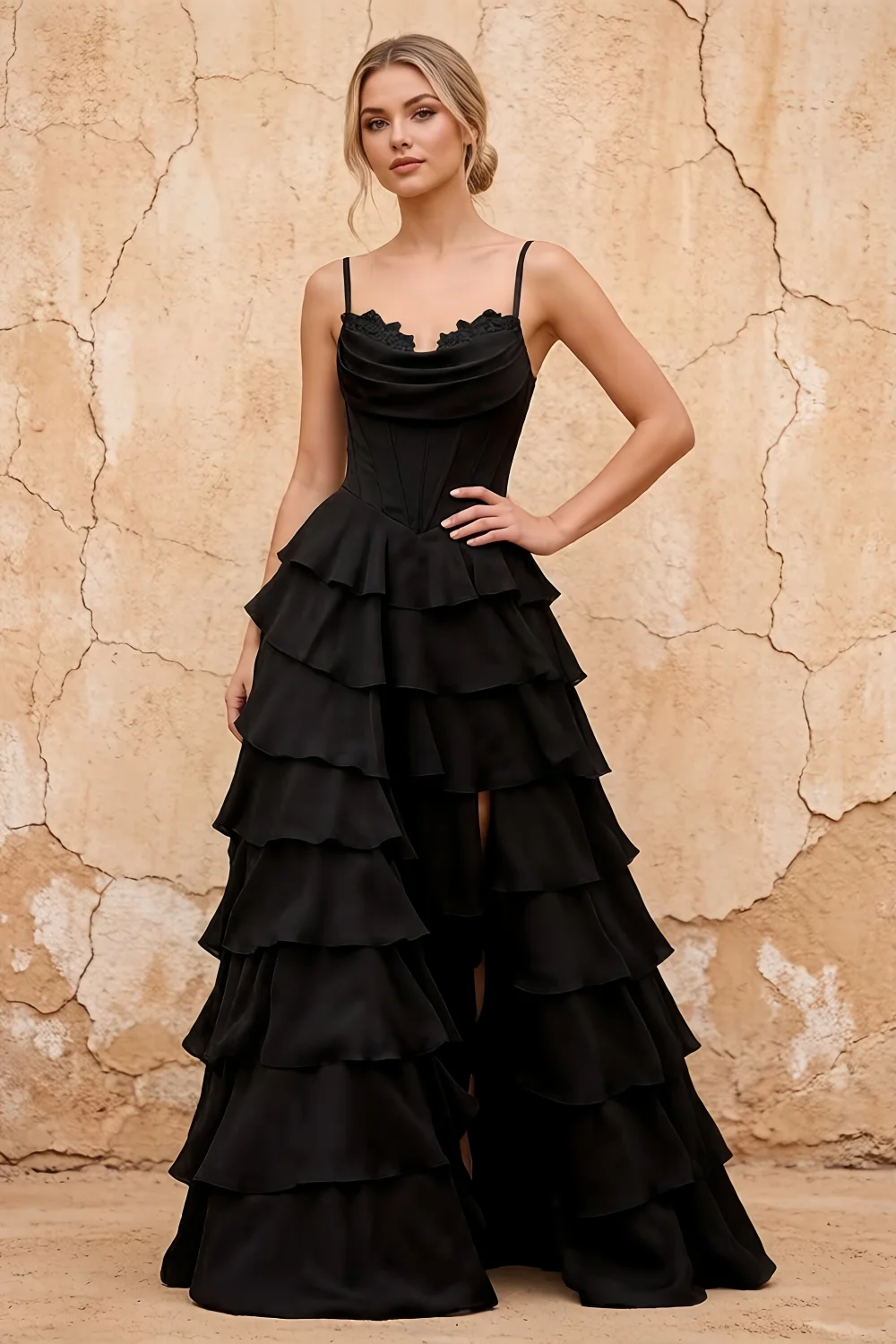 Lisa Black Chiffon Corset Ruffle Maxi Dress Main image