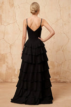 Lisa Black Chiffon Corset Ruffle Maxi Dress