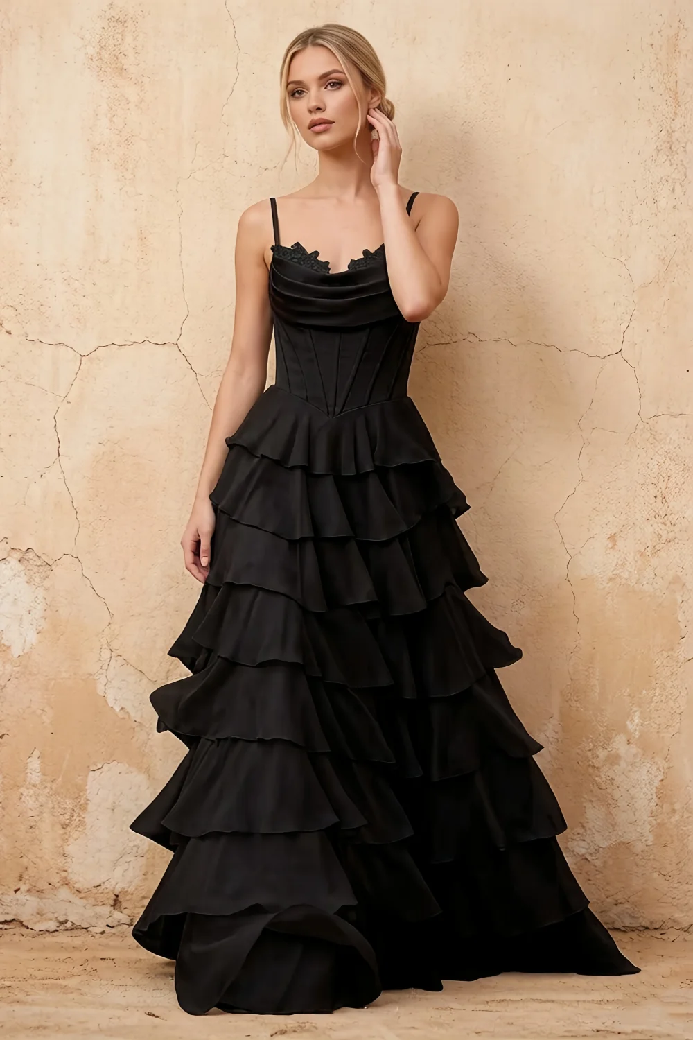 Lisa Black Chiffon Corset Ruffle Maxi Dress