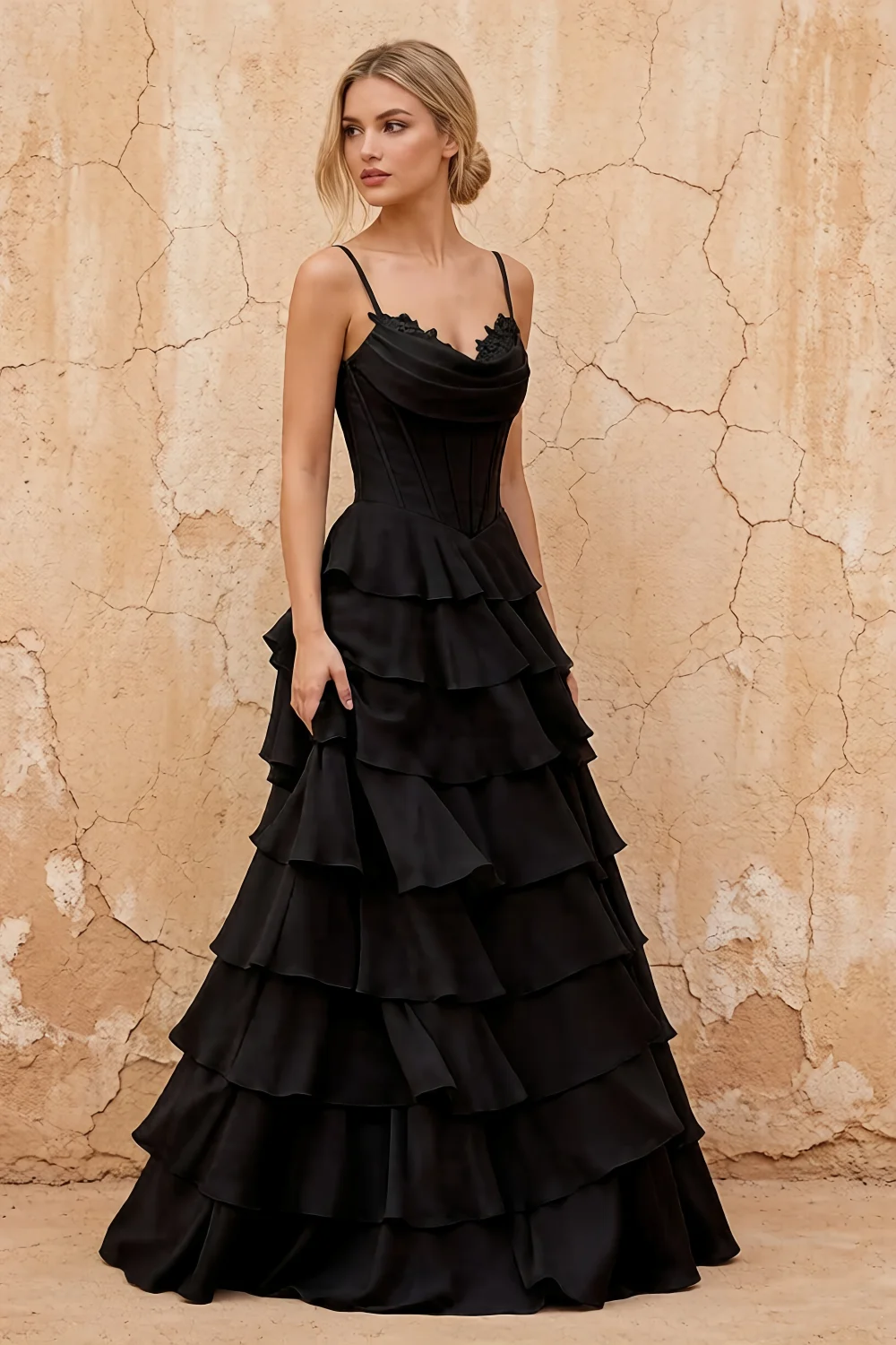 Lisa Black Chiffon Corset Ruffle Maxi Dress