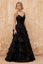 Lisa Black Chiffon Corset Ruffle Maxi Dress