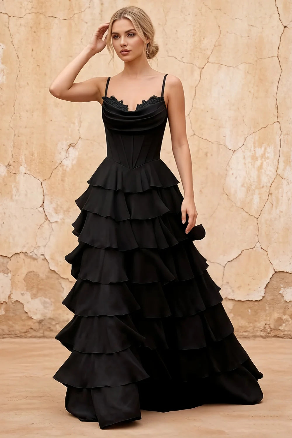 Lisa Black Chiffon Corset Ruffle Maxi Dress