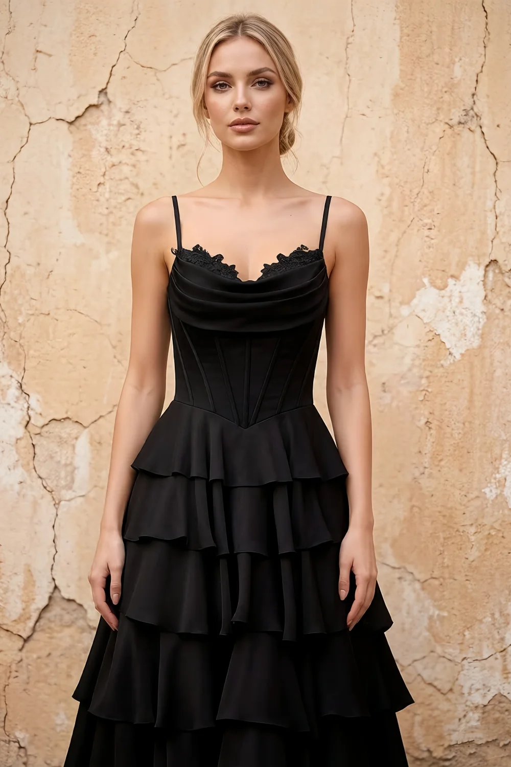 Lisa Black Chiffon Corset Ruffle Maxi Dress