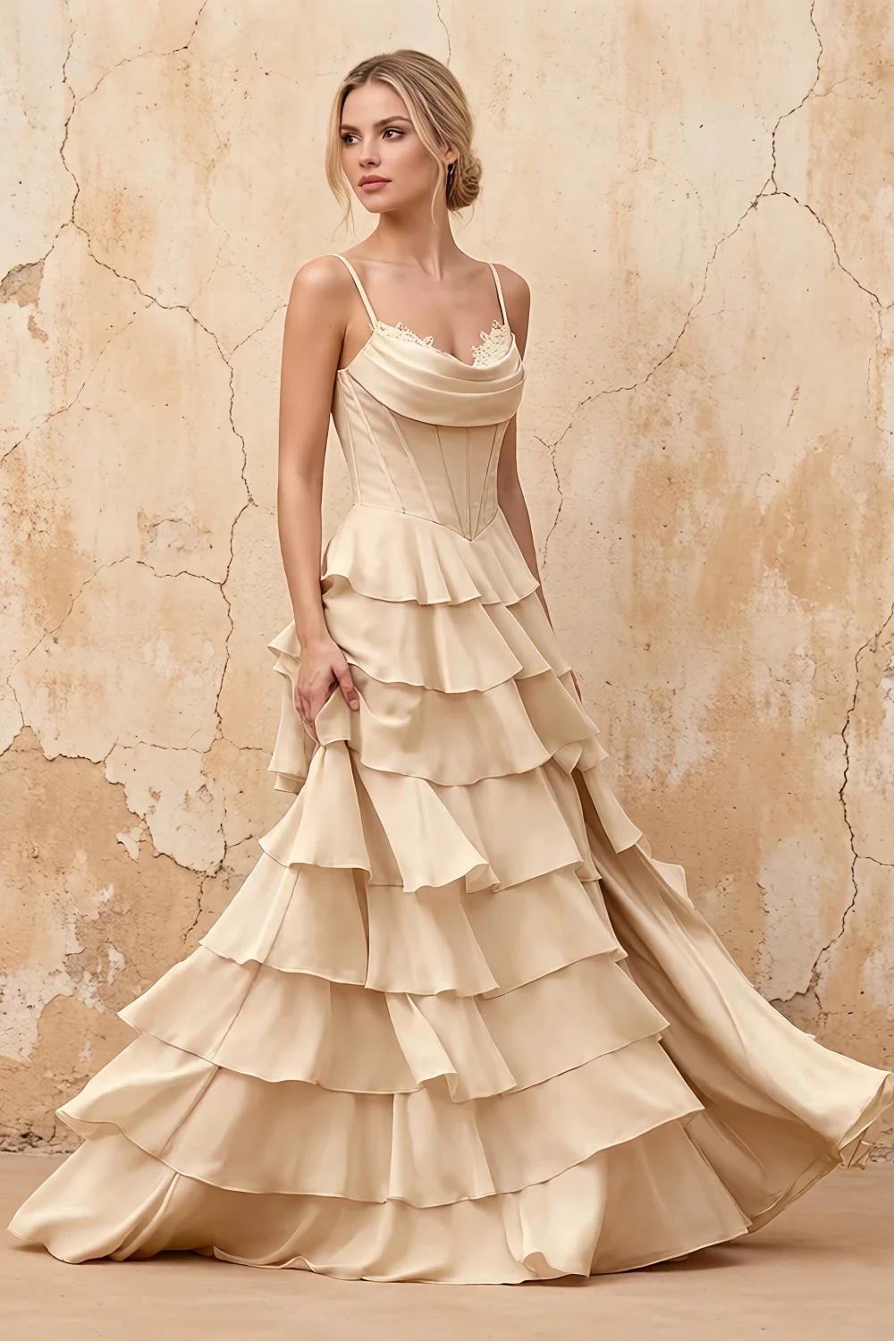 Lisa Champagne Chiffon Corset Ruffle Maxi Dress