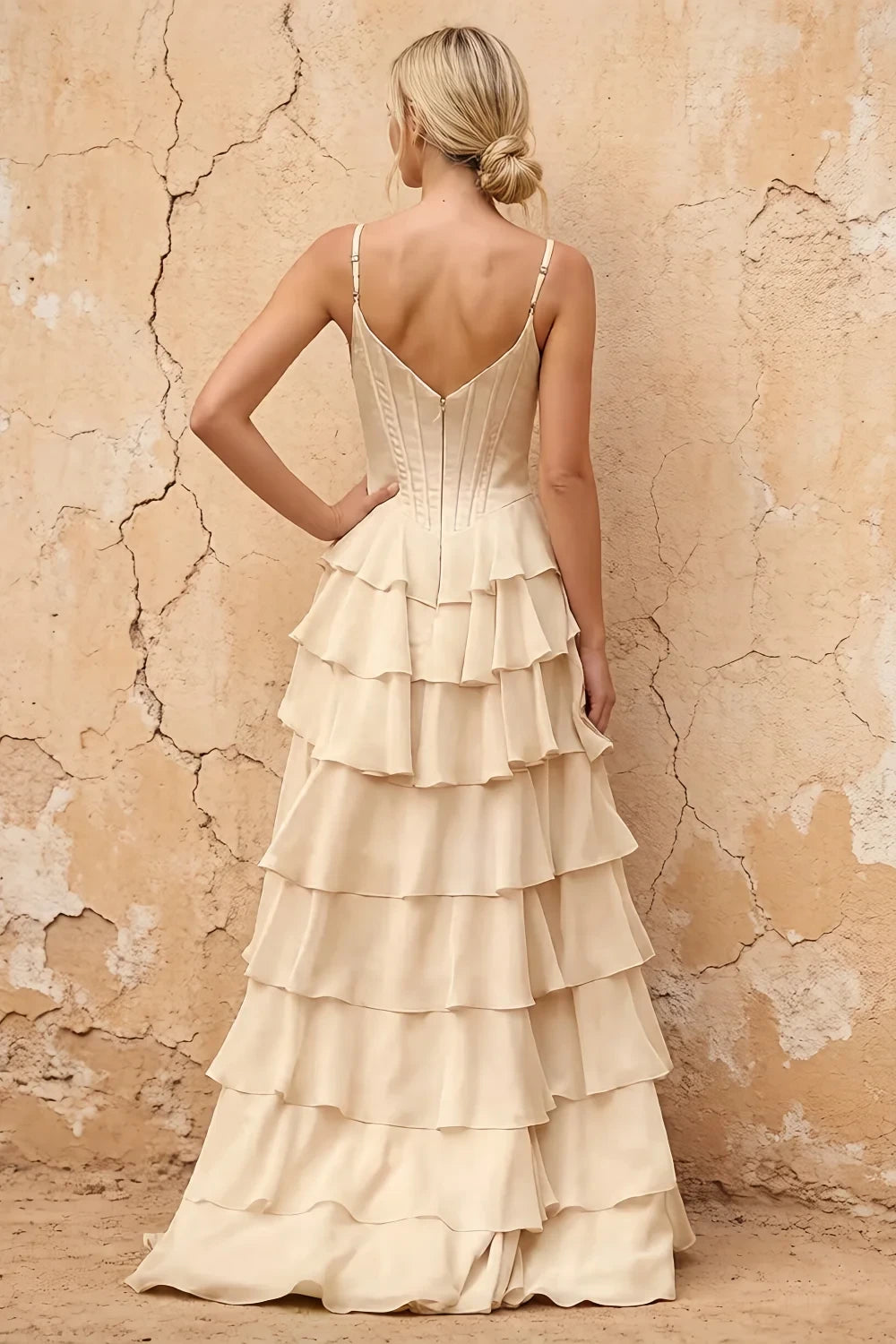 Translation missing: en.Lisa Champagne chiffon corset ruffle maxi dress with spaghetti straps and layered flowing skirt - product photo 2 content.product_image_secondary