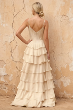 Lisa Champagne Chiffon Corset Ruffle Maxi Dress