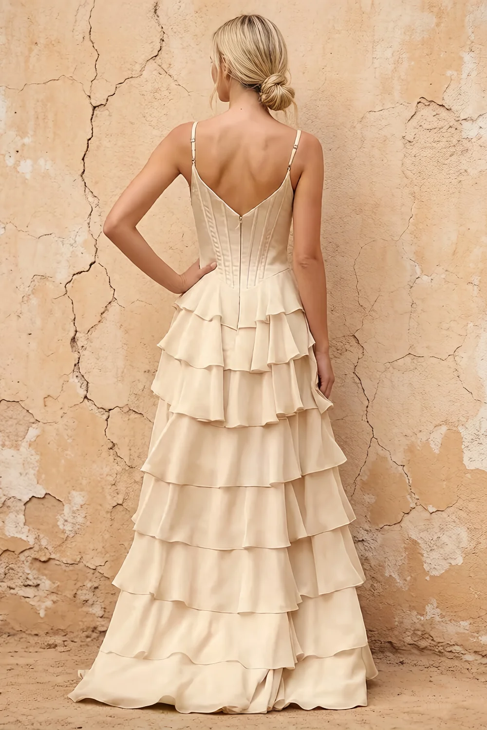 Lisa Champagne Chiffon Corset Ruffle Maxi Dress