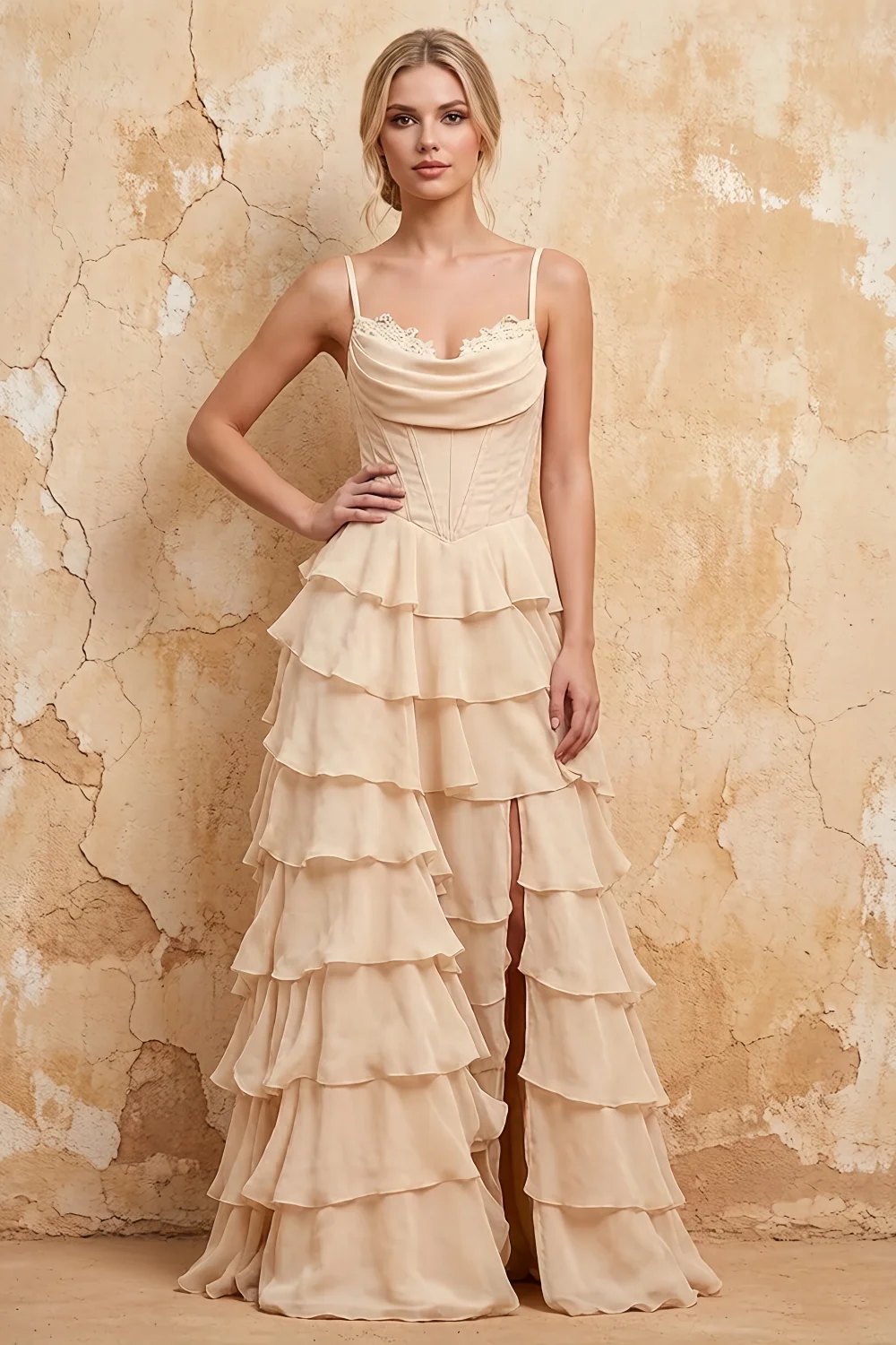 Lisa Champagne Chiffon Corset Ruffle Maxi Dress