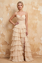 Lisa Champagne Chiffon Corset Ruffle Maxi Dress