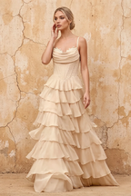 Lisa Champagne Chiffon Corset Ruffle Maxi Dress