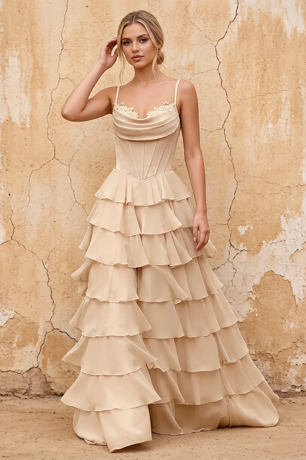 Lisa Champagne Chiffon Corset Ruffle Maxi Dress