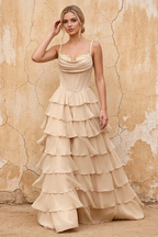 Lisa Champagne Chiffon Corset Ruffle Maxi Dress