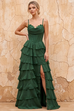 Lisa Emerald Green Chiffon Corset Ruffle Maxi Dress