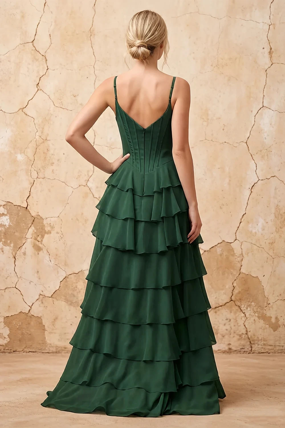 Translation missing: en.Lisa Emerald Green chiffon corset ruffle maxi dress with spaghetti straps and layered flowing skirt - product photo 2 content.product_image_secondary