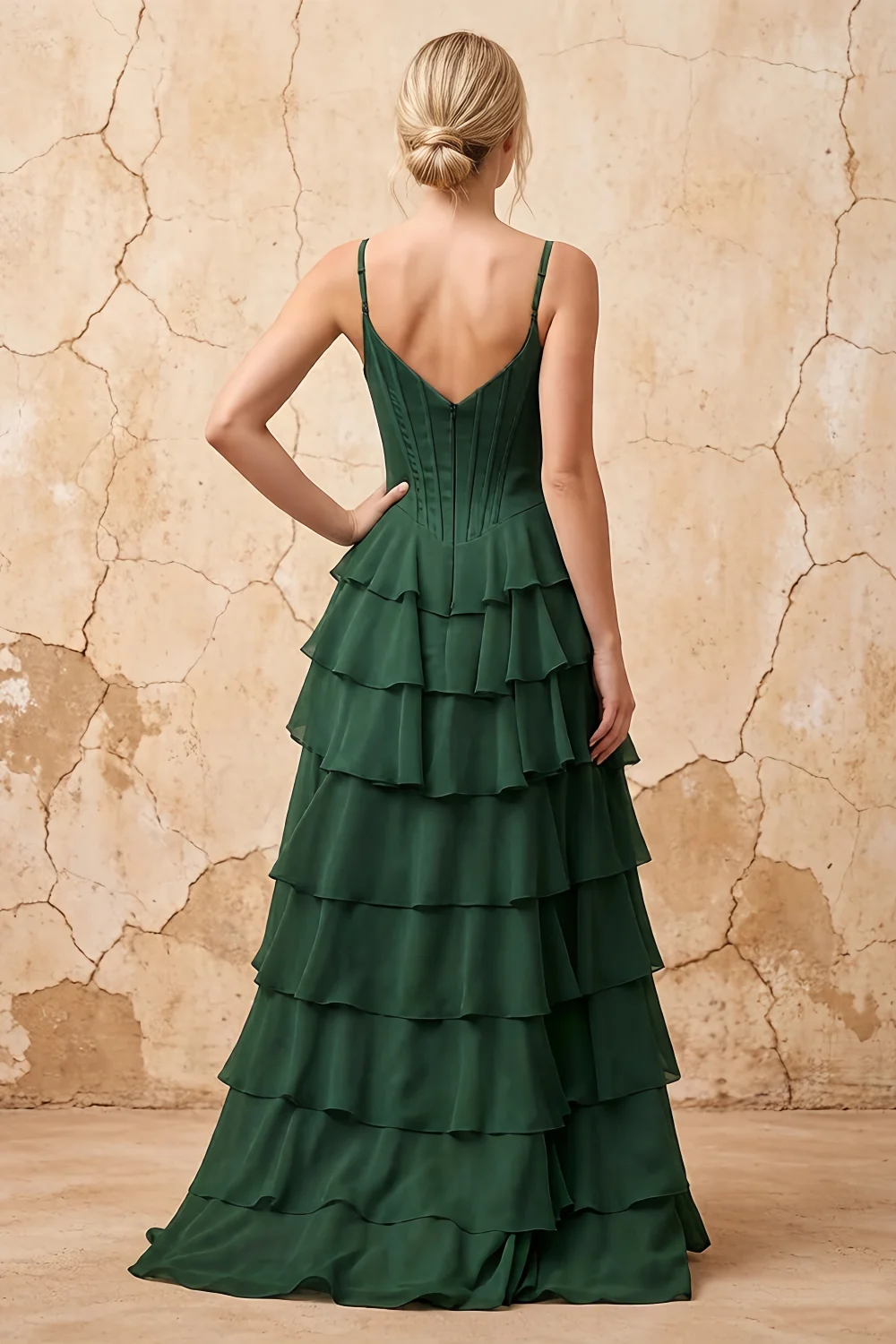 Lisa Emerald Green Chiffon Corset Ruffle Maxi Dress