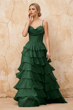 Lisa Emerald Green Chiffon Corset Ruffle Maxi Dress