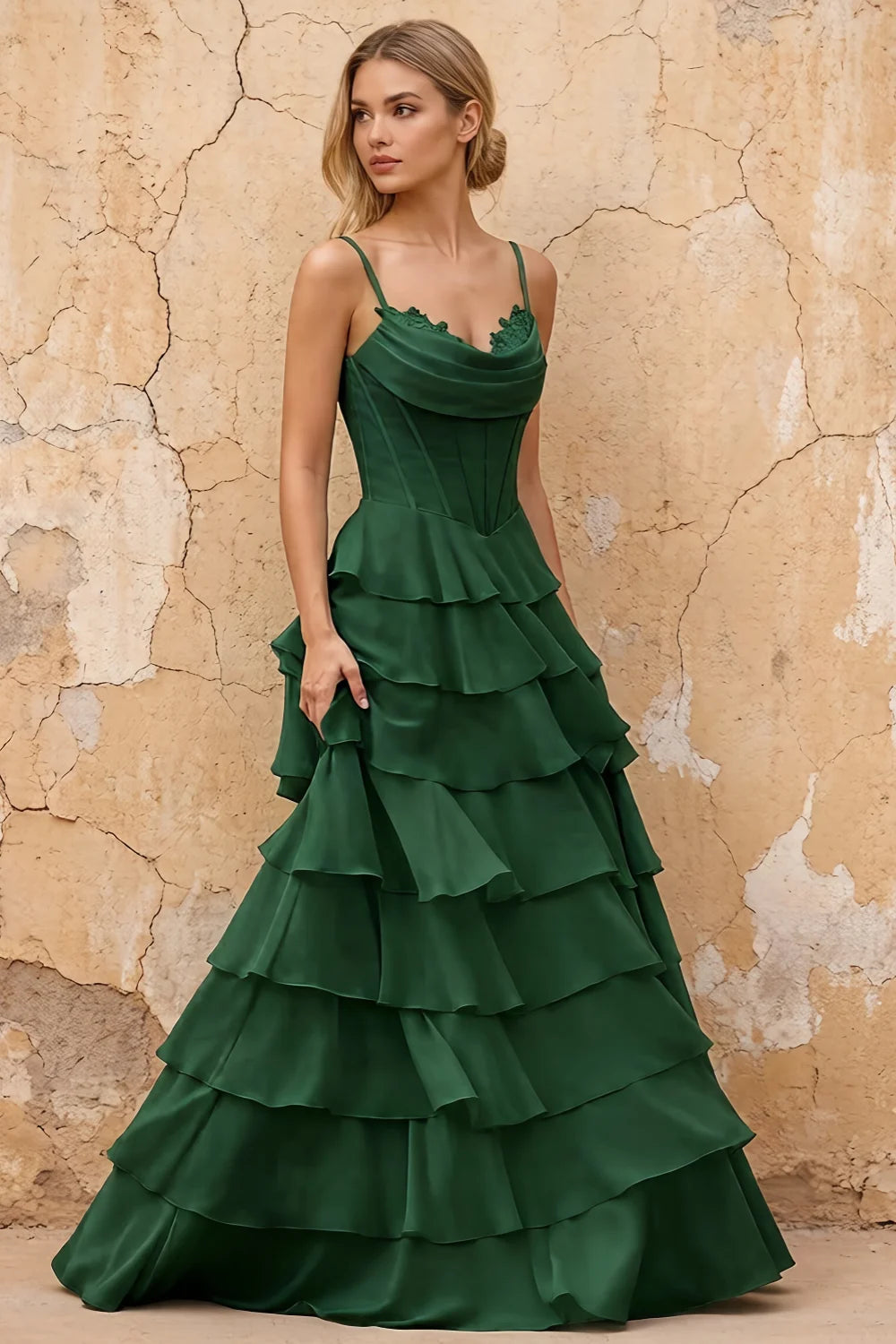 Lisa Emerald Green Chiffon Corset Ruffle Maxi Dress