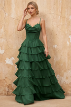 Lisa Emerald Green Chiffon Corset Ruffle Maxi Dress