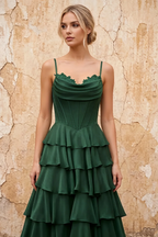 Lisa Emerald Green Chiffon Corset Ruffle Maxi Dress