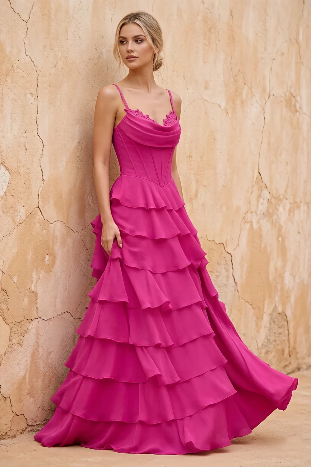 Lisa Hot Pink Chiffon Corset Ruffle Maxi Dress