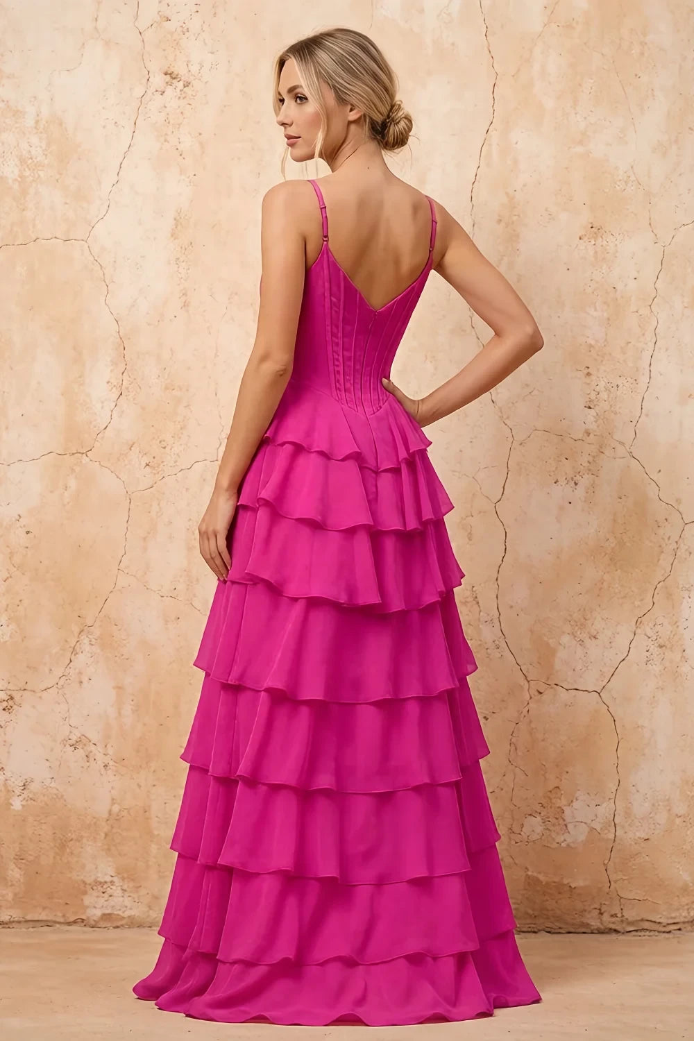 Translation missing: es.Lisa Hot Pink chiffon corset ruffle maxi dress with spaghetti straps and layered flowing skirt - product photo 2 content.product_image_secondary
