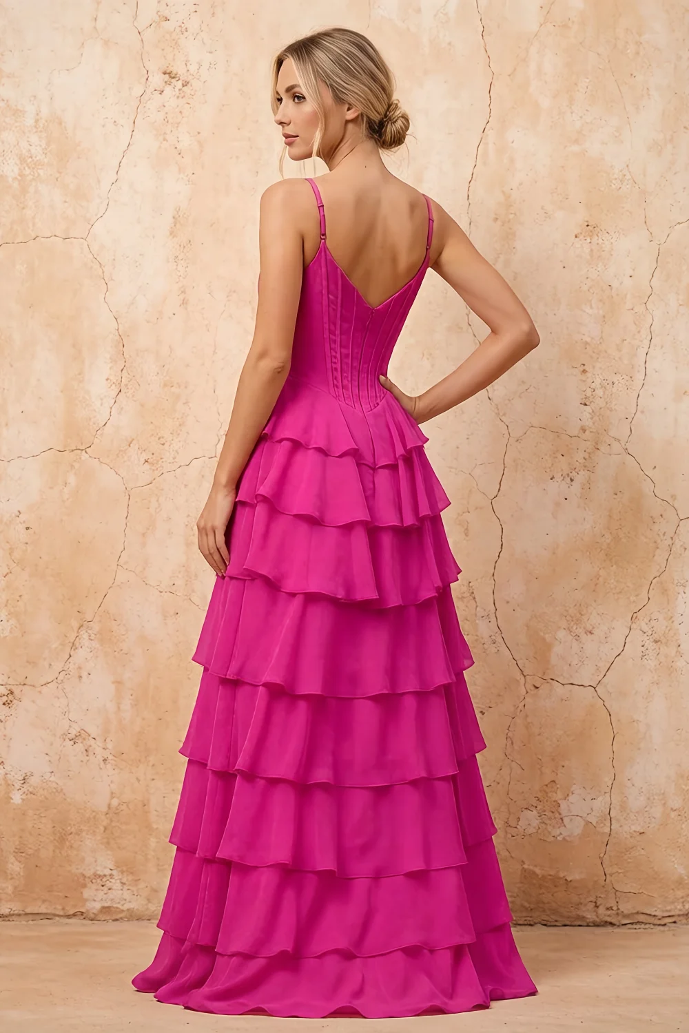 Lisa Hot Pink Chiffon Corset Ruffle Maxi Dress