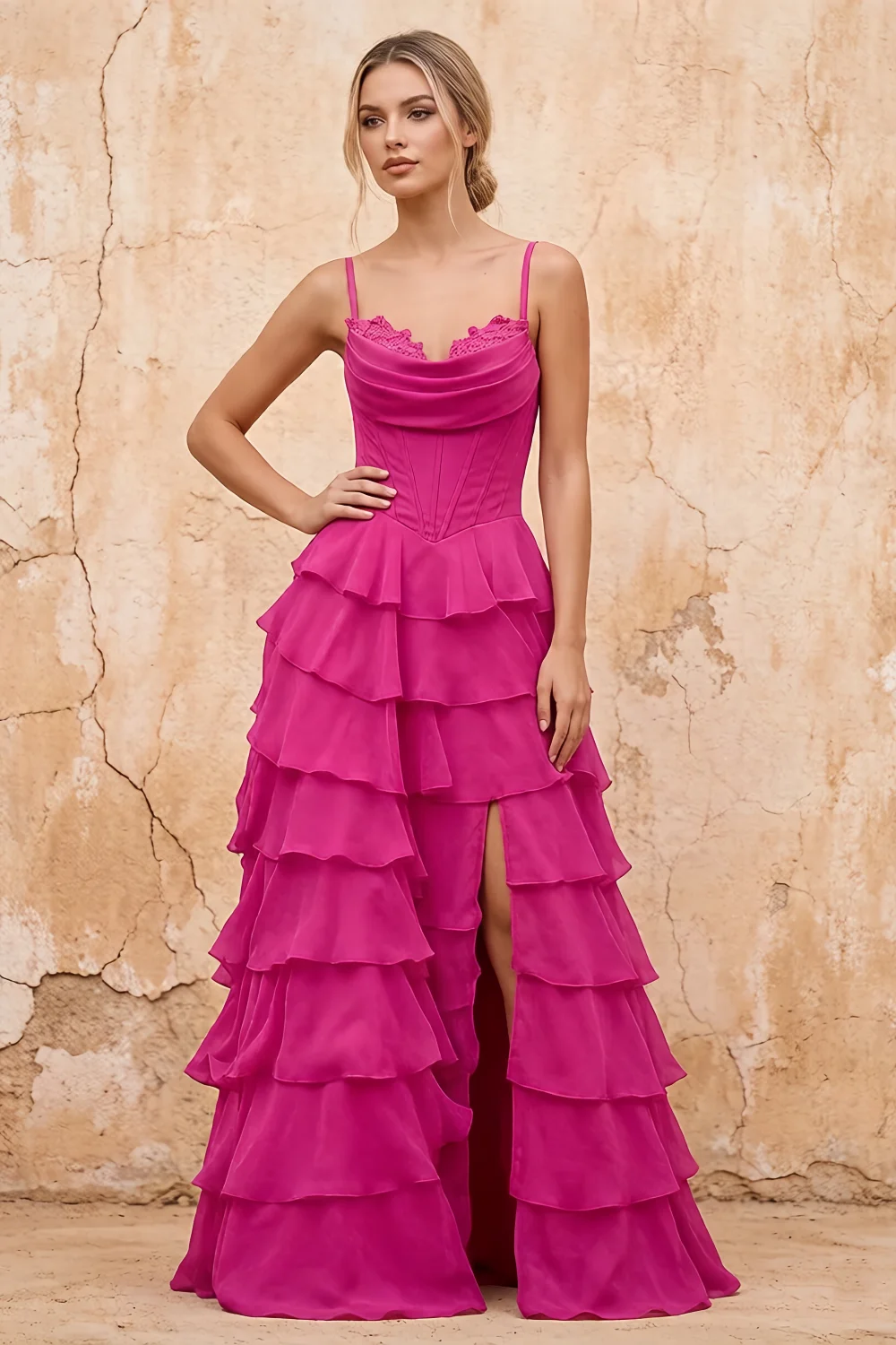 Lisa Hot Pink Chiffon Corset Ruffle Maxi Dress
