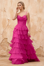 Lisa Hot Pink Chiffon Corset Ruffle Maxi Dress