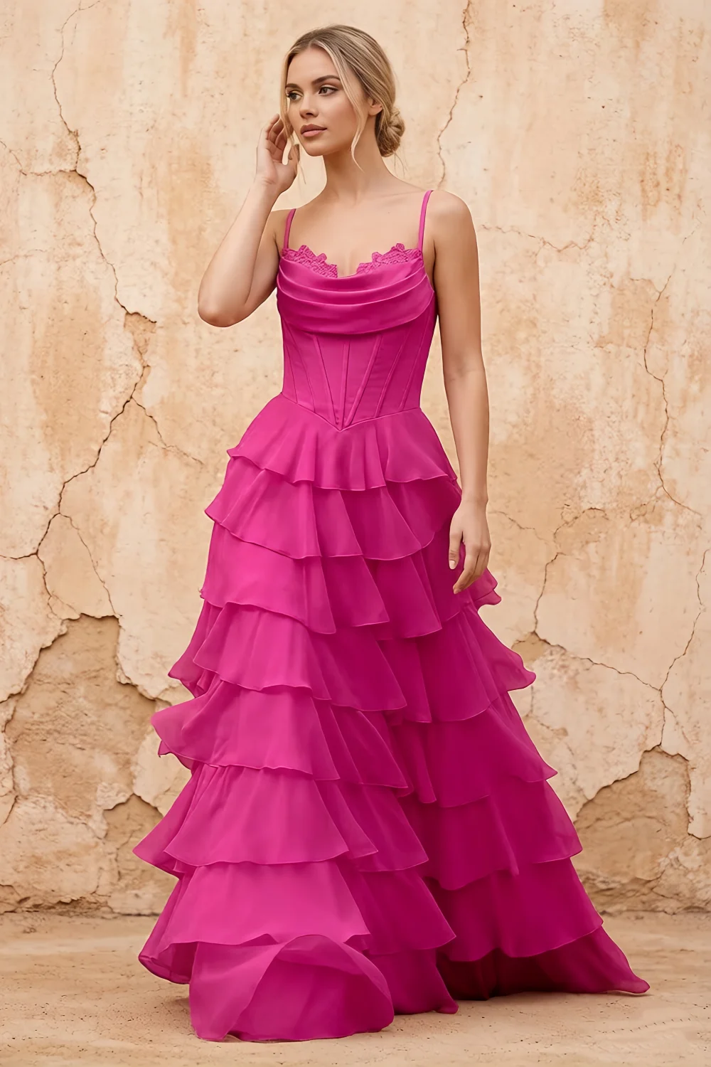 Lisa Hot Pink Chiffon Corset Ruffle Maxi Dress