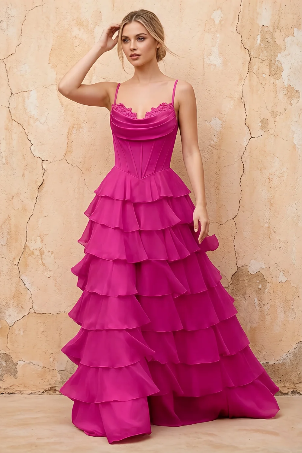 Lisa Hot Pink Chiffon Corset Ruffle Maxi Dress