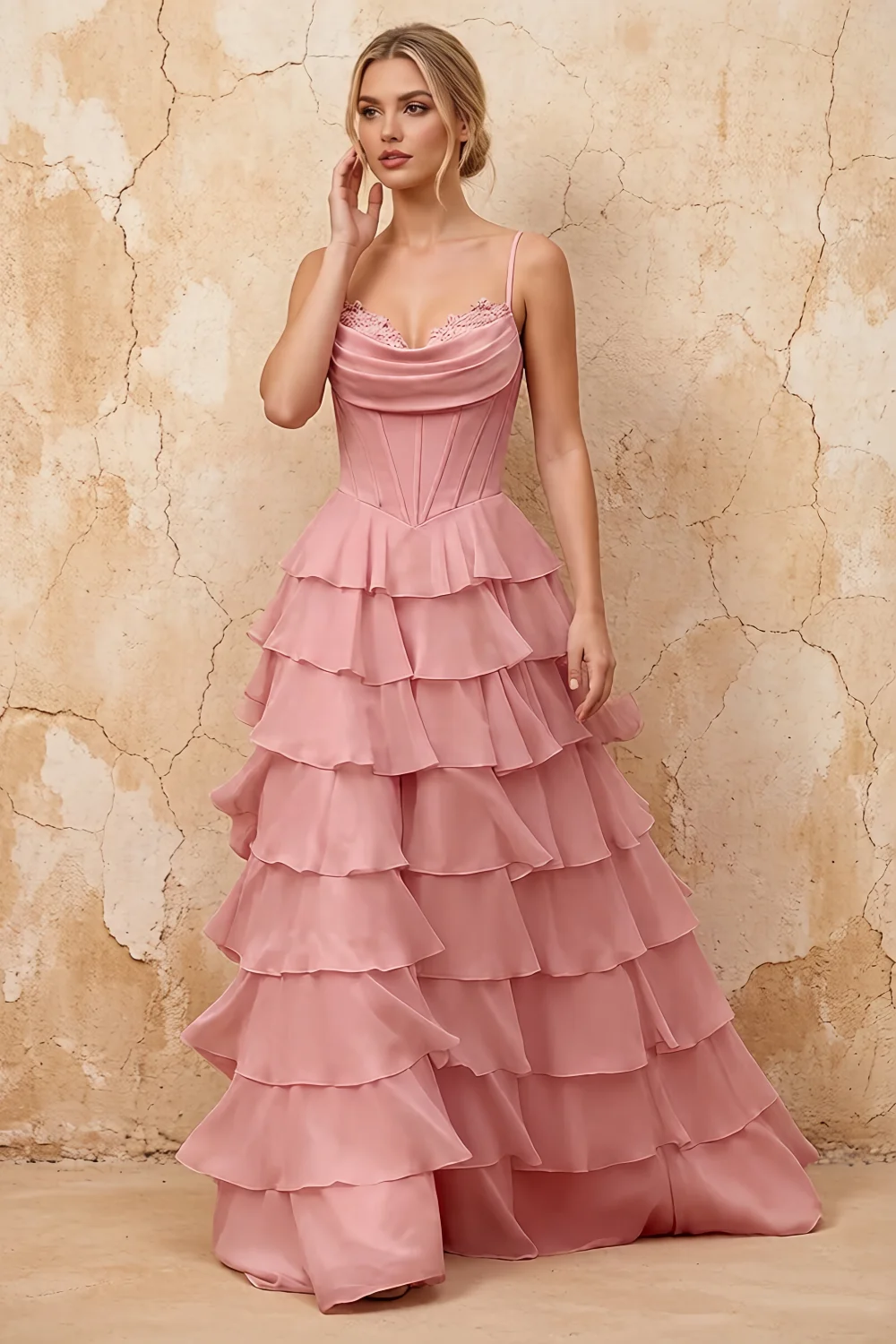 Lisa Light Pink Chiffon Corset Ruffle Maxi Dress