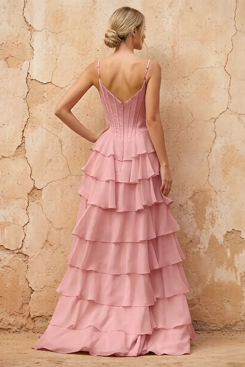 Translation missing: en.Lisa Light Pink chiffon corset ruffle maxi dress with spaghetti straps and layered flowing skirt - product photo 2 content.product_image_secondary