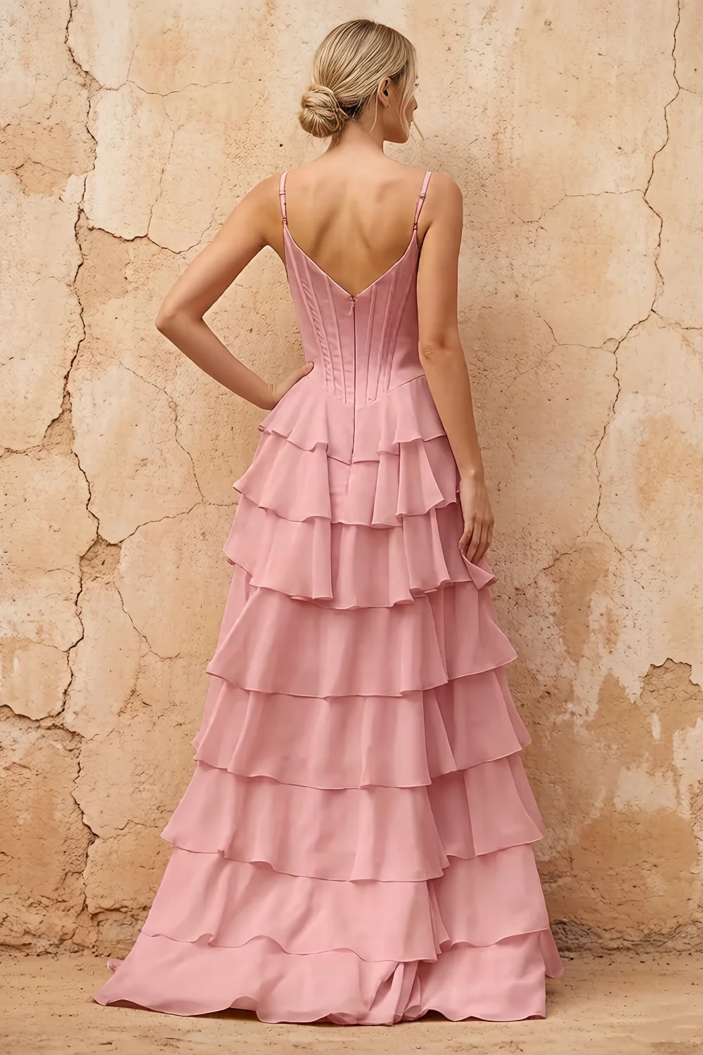 Lisa Light Pink Chiffon Corset Ruffle Maxi Dress