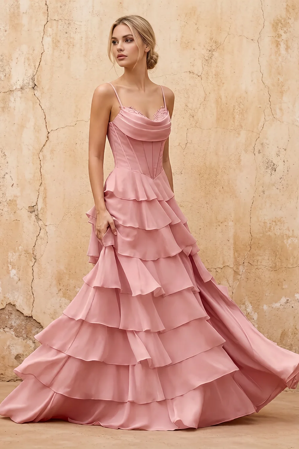 Lisa Light Pink Chiffon Corset Ruffle Maxi Dress