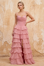 Lisa Light Pink Chiffon Corset Ruffle Maxi Dress