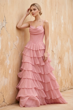Lisa Light Pink Chiffon Corset Ruffle Maxi Dress