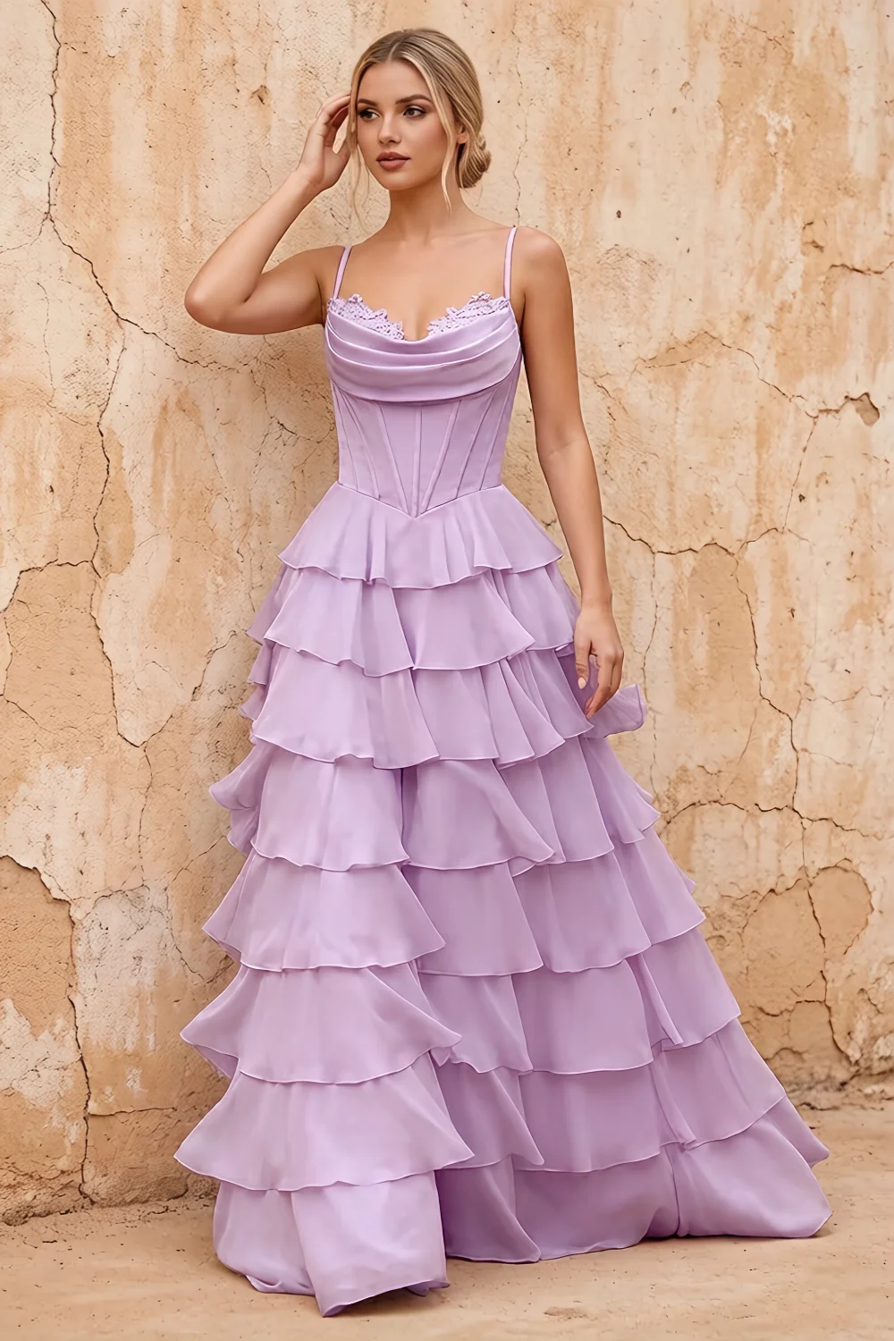Lisa Lilac Chiffon Corset Ruffle Maxi Dress