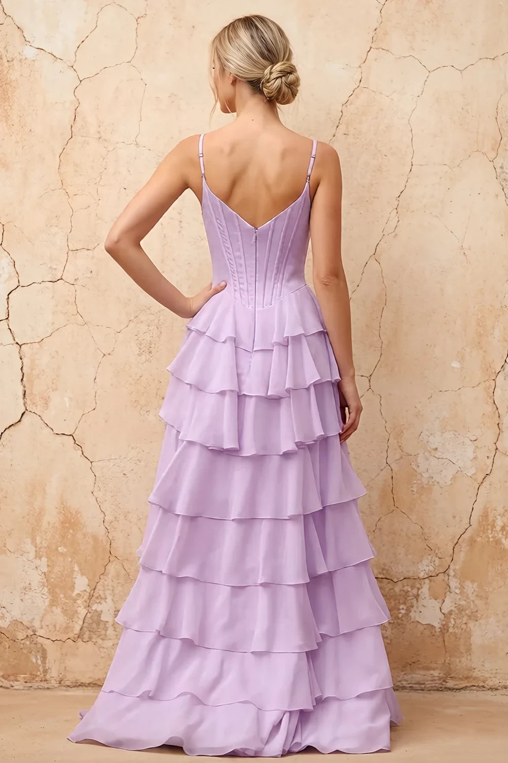 Translation missing: en.Lisa Lilac chiffon corset ruffle maxi dress with spaghetti straps and layered flowing skirt - product photo 2 content.product_image_secondary