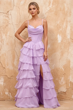Lisa Lilac Chiffon Corset Ruffle Maxi Dress