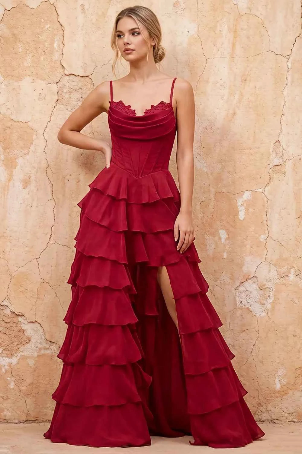 Lisa Merlot Chiffon Corset Ruffle Maxi Dress Main image