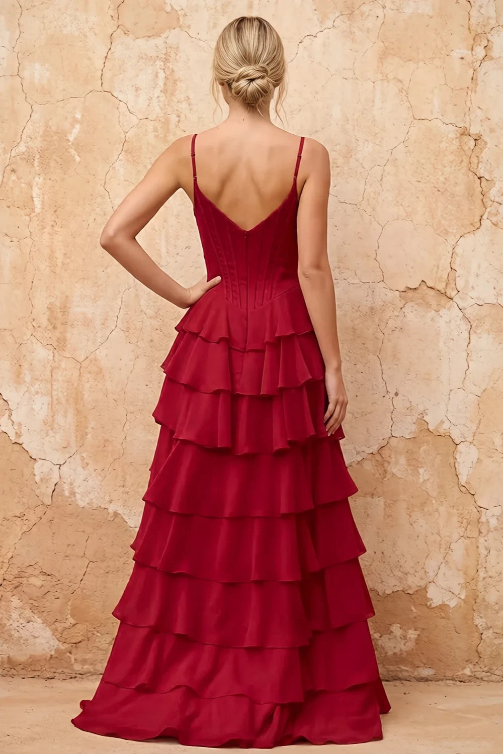 Translation missing: en.Lisa Merlot chiffon corset ruffle maxi dress with spaghetti straps and layered flowing skirt - product photo 2 content.product_image_secondary