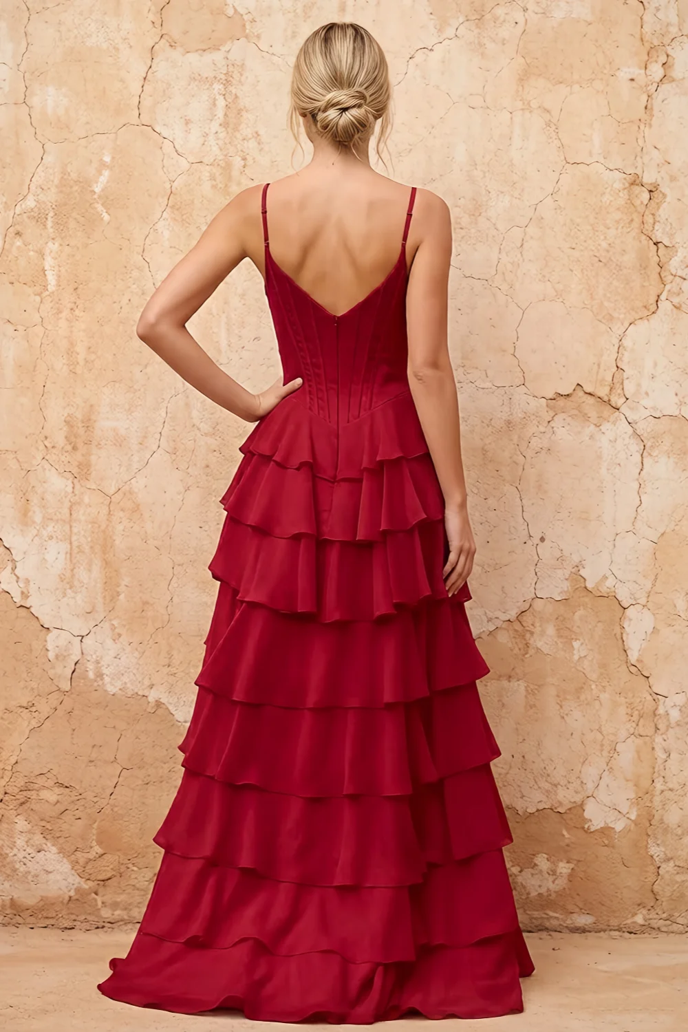 Lisa Merlot Chiffon Corset Ruffle Maxi Dress