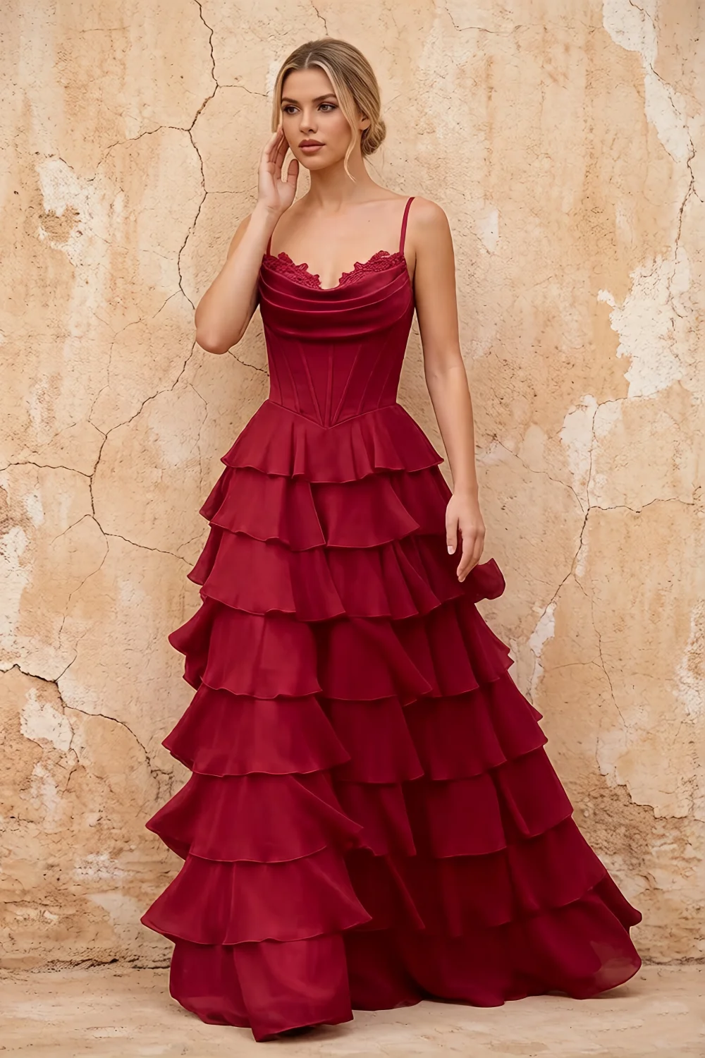 Lisa Merlot Chiffon Corset Ruffle Maxi Dress